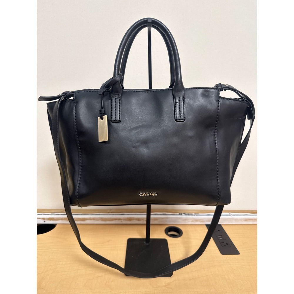 Calvin Klein Black Leather Satchel Crossbody Bag Gold Hardware Handbag